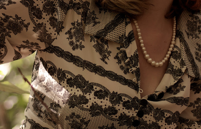 black white 1940s dress pearls
