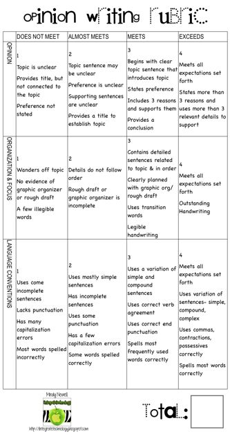 Scoring rubric for an opinion essay on pros cons