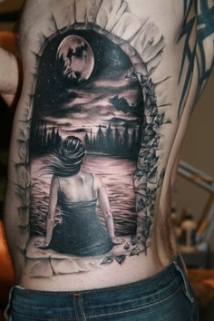 Creative 3D moon and girl tattoo on side body
