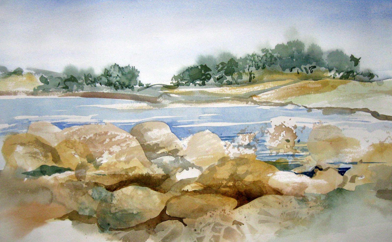 Amy Hautman Paintings "Golden Rocks on the Shore" Watercolor Painting