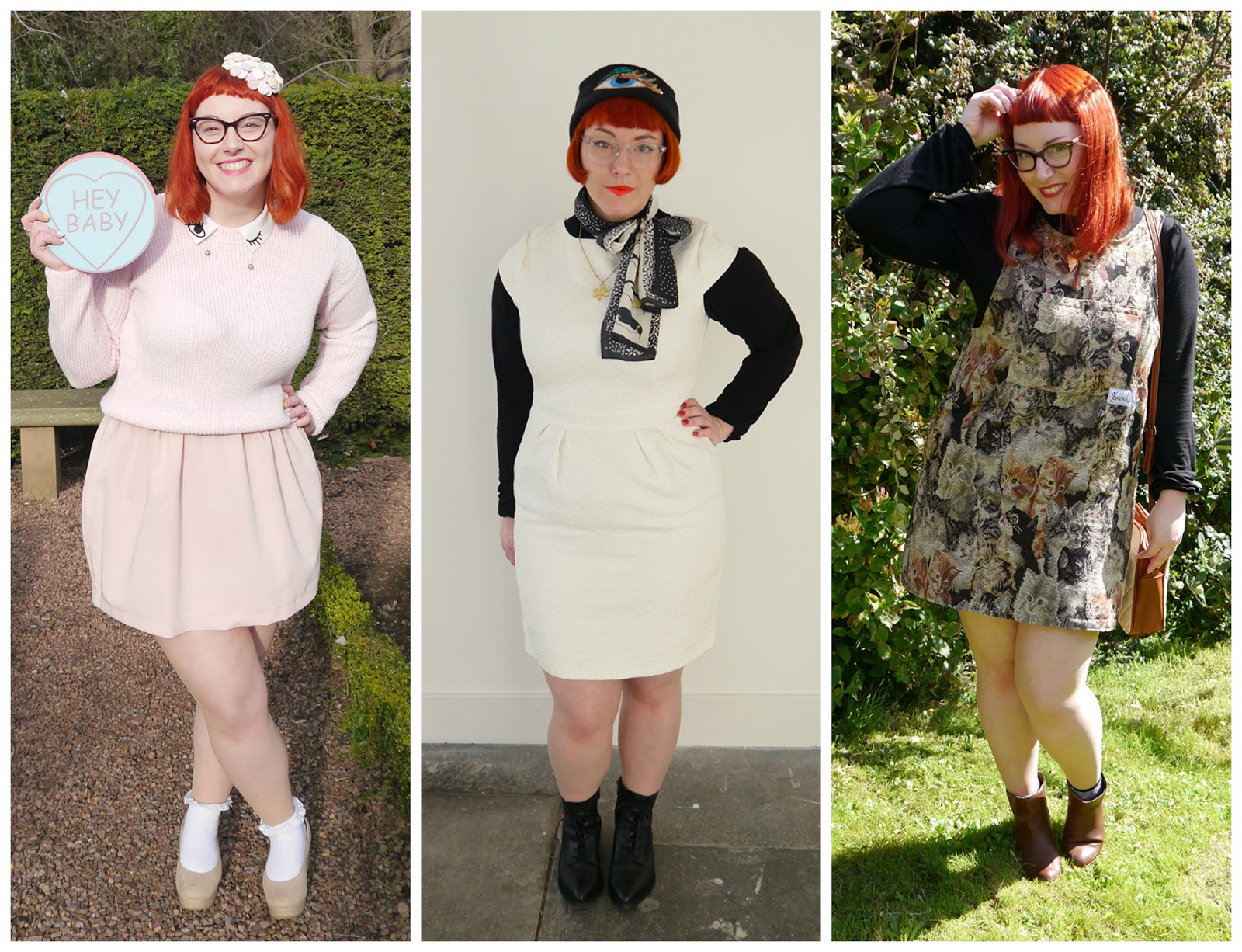 Colour Blocking 2015 clashing prints, Scottish bloggers, 2015 round up, outfits of 2015, blogger style 2015, red head, ginger, vintage style glasses, galentines outfit, lovehearts, pink outfit, snowman style outfit, fun winter dressing, Karen Mabon scarf, Kerrie Aldo cat dress, cat pinafore, autumn dressing