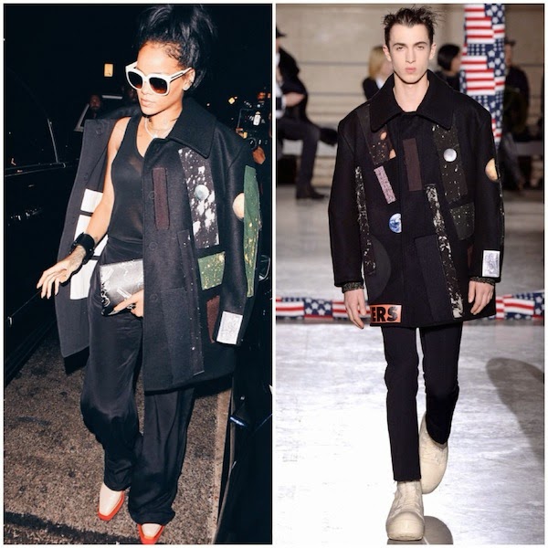 Rihanna wears Raf Simons Sterling Ruby Fall Winter 2014 patchwork FATHERS coat to Giorgio Baldi October 2014