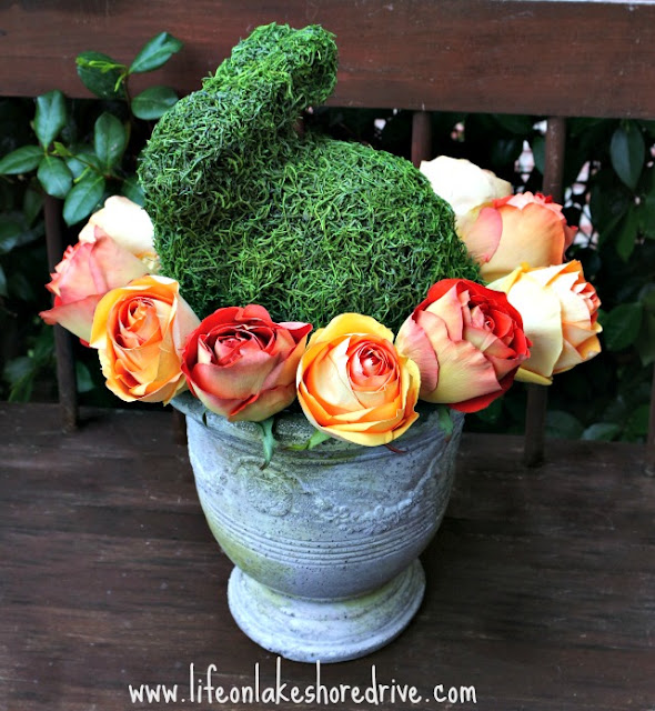Moss Bunny and Roses in Urn Centerpiece, tutorial, diy, floral arrangement, Easter