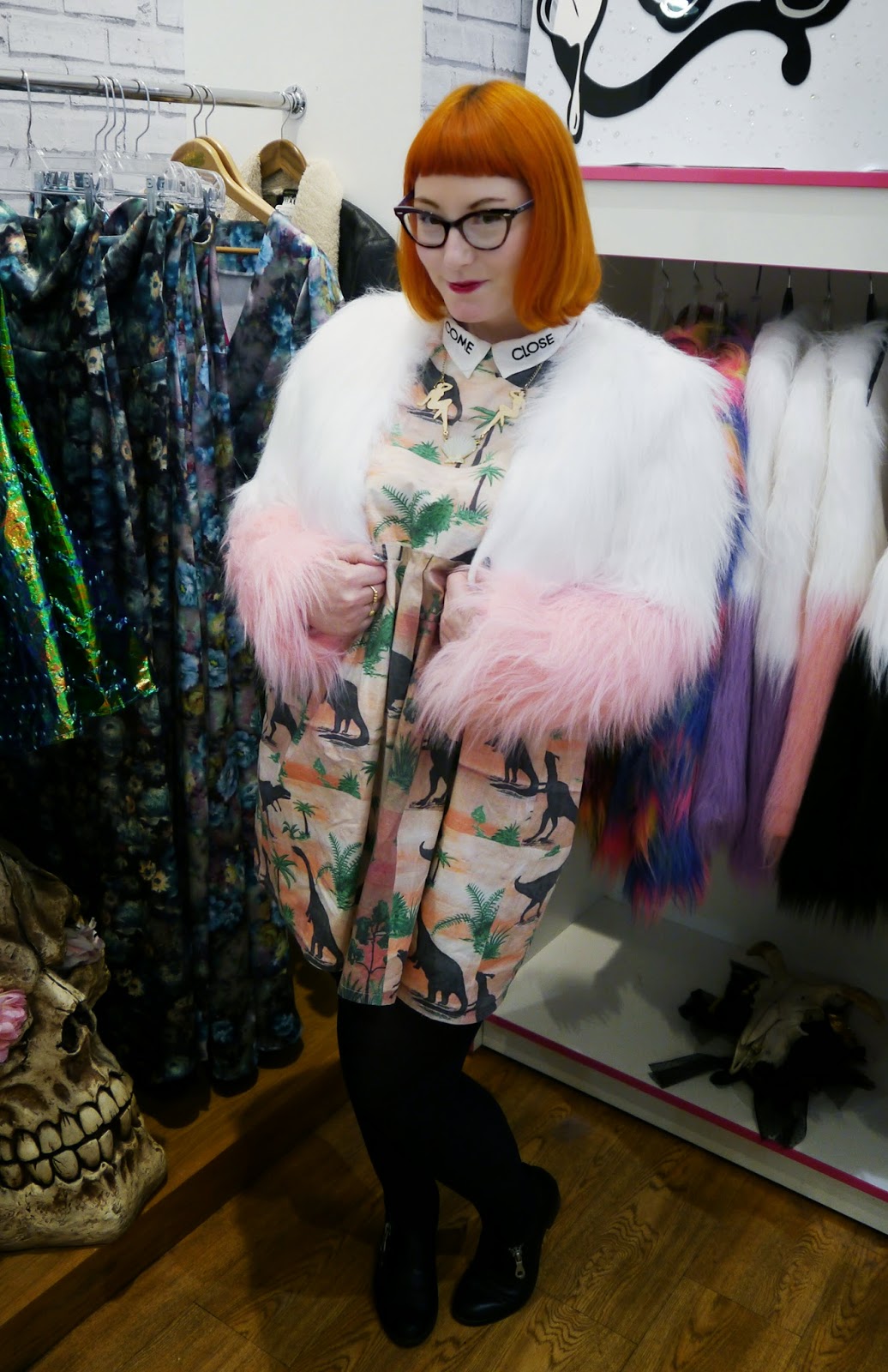 Helen in Obscure Couture at Scotland Re:designed - Limited Edition Pop Up Shop Scotland Re:designed, Limited Edition pop up shop, Limited Edition pop up department store, pop up shop, Edinburgh pop up shop, Ocean Terminal, Edinburgh, Edinburgh Bloggers, Scottish Bloggers, Scottish Design, Obscure Couture, faux fur jacekt, pink faux fur jacket, dinosaur dress