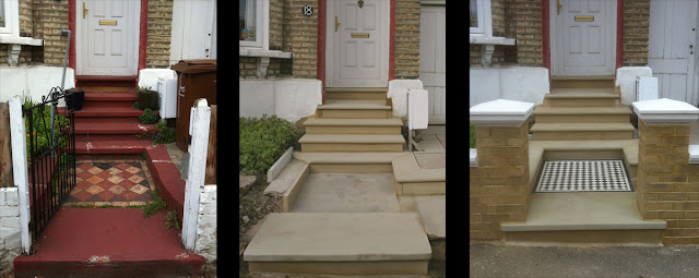 York stone steps, threshold, Victorian mosaic path, paving and brickwork
