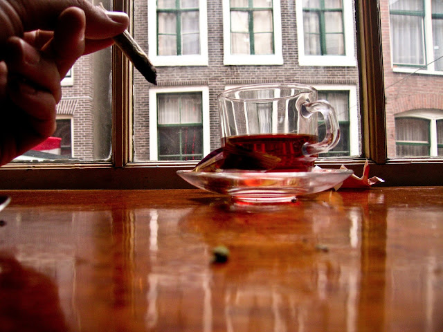 Smoking pot in the morning at an Amsterdam coffee shop. 