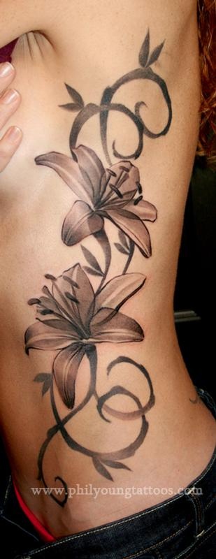 Grey Lilly flower tattoo on whole side body