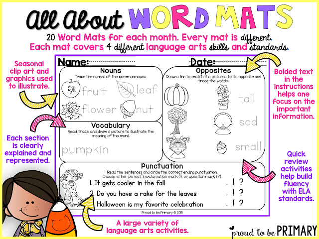 Proud to be Primary's October Word Mats provide tons of ELA practice of skills and spiraling review of concepts on each mat.