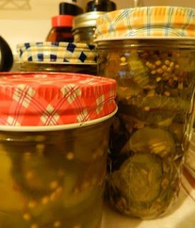 bread and butter pickles in glass canning jars with colorful lids