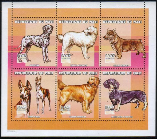 2000年マリ共和国 ダルメシアン クーバース Berger Suedois （スウェーデン・スピッツ） イビザン・ハウンド ゴールデン・レトリーバー ダックスフンドの切手シート