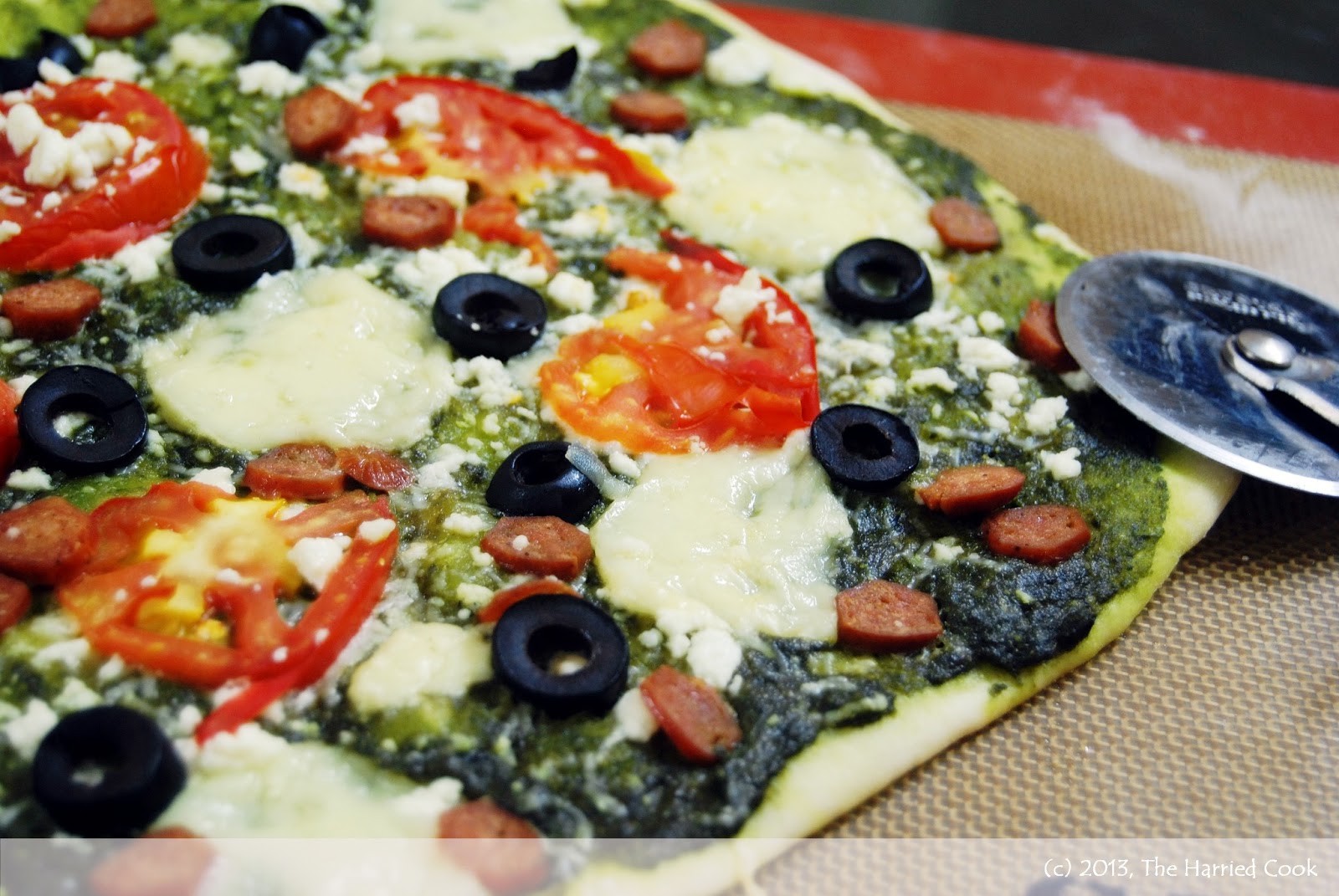 The Harried Cook BasilWalnut Pesto and a Quick Crust Pizza with Feta & Olives
