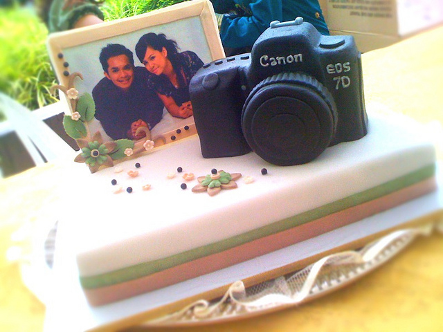 Unique Wedding Cake Ideas - Camera and Framed Photo of the Couple Wedding Cake