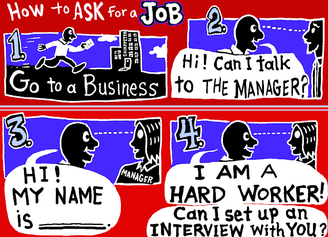 How to Ask for a Job - a Flashcard on Approaching Employers for People with Developmental Disabilities - comic by Joe Chiappetta How to Ask for a Job - a Flashcard on Approaching Employers for People with Developmental Disabilities - comic by Joe Chiappetta