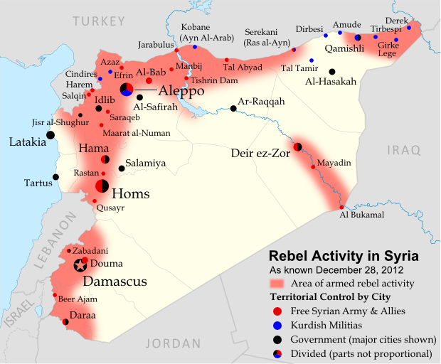 Map of rebel activity and control in Syria's Civil War (Free Syrian Army, Kurdish groups, and others), updated for December 2012. Includes recent locations of conflict, including Salqin, Harem, Beer Ajam, Tishrin Dam, and Ras al-Ayn.