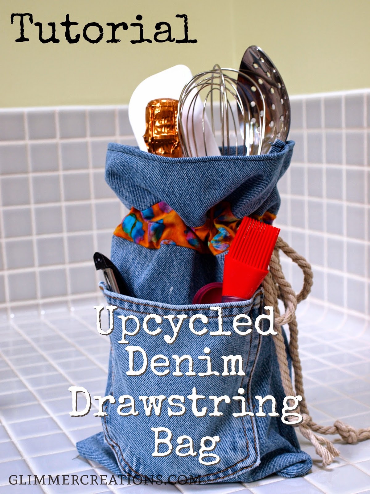 Glimmer Creations Upcycled Denim Drawstring Bag