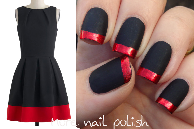 Matte Black with red foil tips, inspired by ModCloth dresses. ~ More Nail  Polish