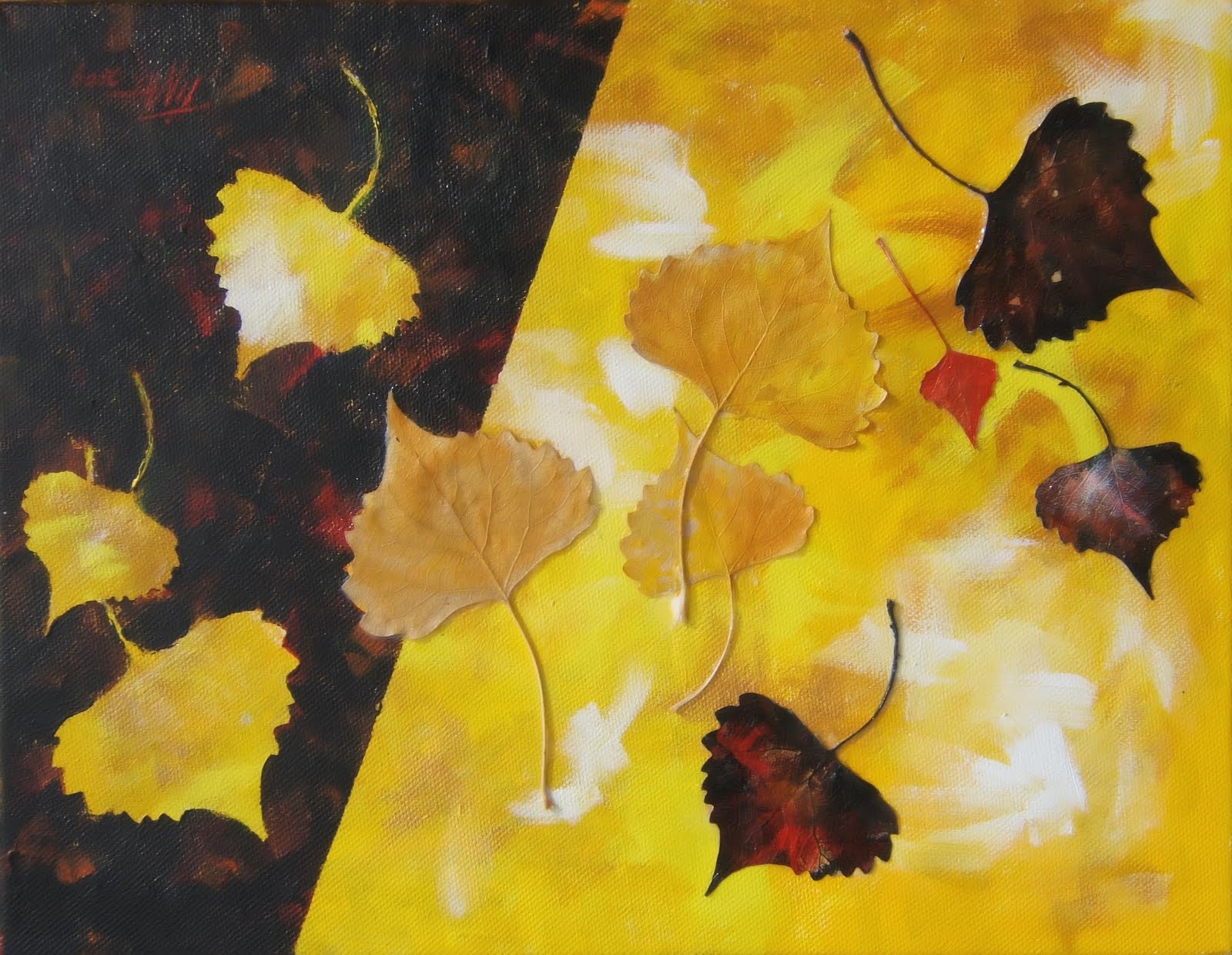 "Flip-side" View Two. 11"x 14" yellow and black acrylic painting using Popular tree leaves on the painting, ©2009 Tina M Welter.