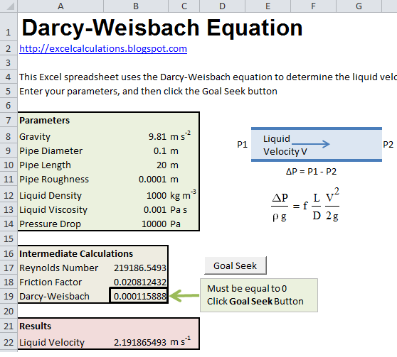 DarcyWeisbach Equation for Liquid Velocity in a Pipe Excel Calculations