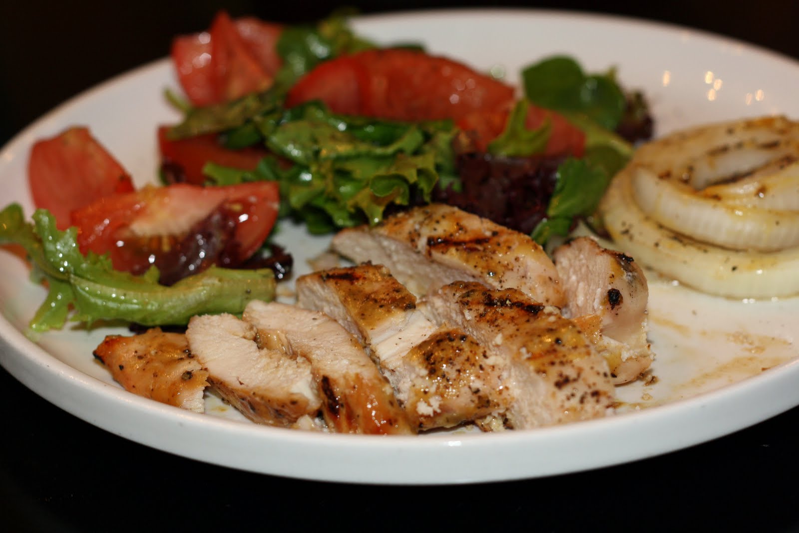 what's for dinner? grilled honeymustard chicken with onions and salad