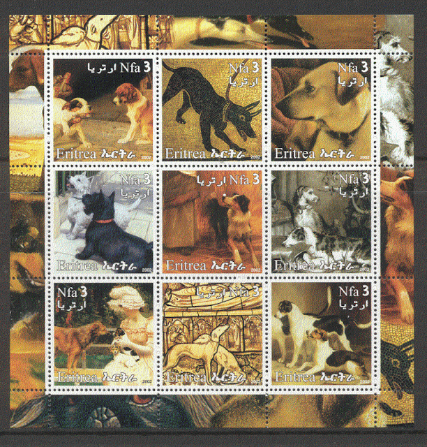 2002年エリトリア国　ジャック・ラッセル・テリア　グレーハウンド　犬種不明 スコティッシュ・テリア　ボーダー・コリー　犬種不明 犬種不明　スルーギ　 フォックス・ハウンド　絵画の中の犬9種