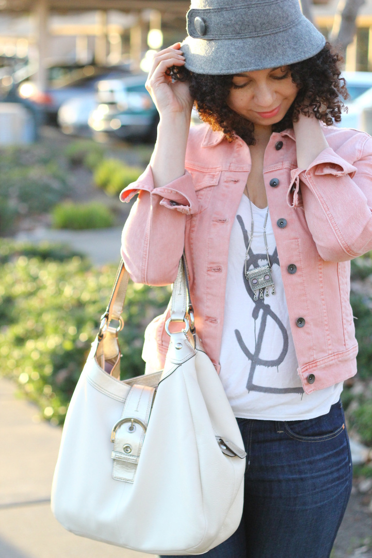 pink denim jacket outfit