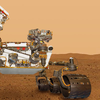 Mars Science Laboratory (MSL) Curiosity. The rover will explore Mars in late 2012 looking for evidence of life and learning more about the planet. Artistic front view over photo-composite take by Opportunity. NASA + JPL + Ren@rt, 2011.
