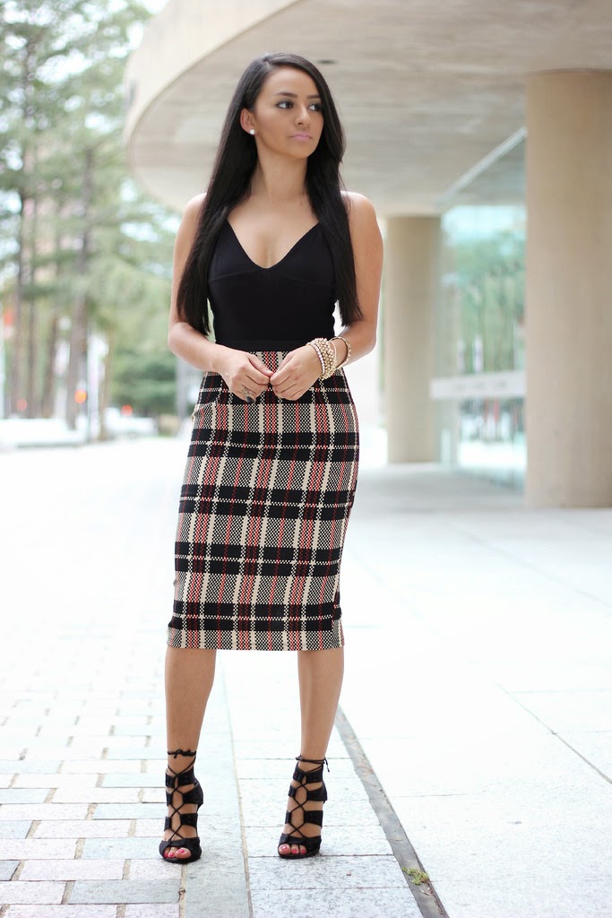 Bodysuit and Plaid Midi Skirt.