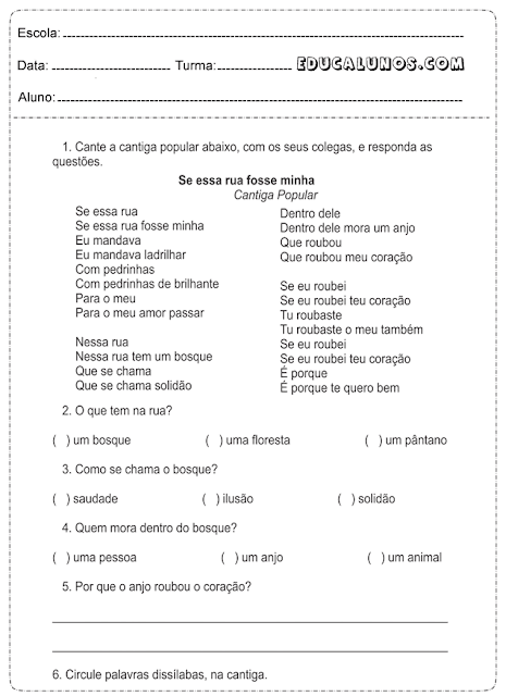 Cante a cantiga popular com seus colegas e responda as questões
