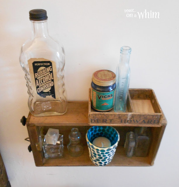 Vintage Alcohol and Vicks Jars on Salvaged Drawer Shelf | Vintage Farmhouse Bathroom Makeover | Denise on a Whim