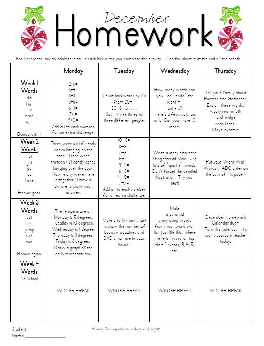 November homework calendar