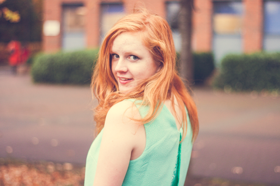 Red Hair and Warehouse Mint Cape Dress Back