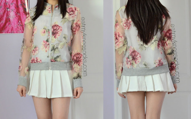 {Fashion Review} Dresslink - Floral Bomber Jacket Modeled Front and back views of the organza floral bomber jacket from Dresslink, modeled with a white pleated tennis skirt.