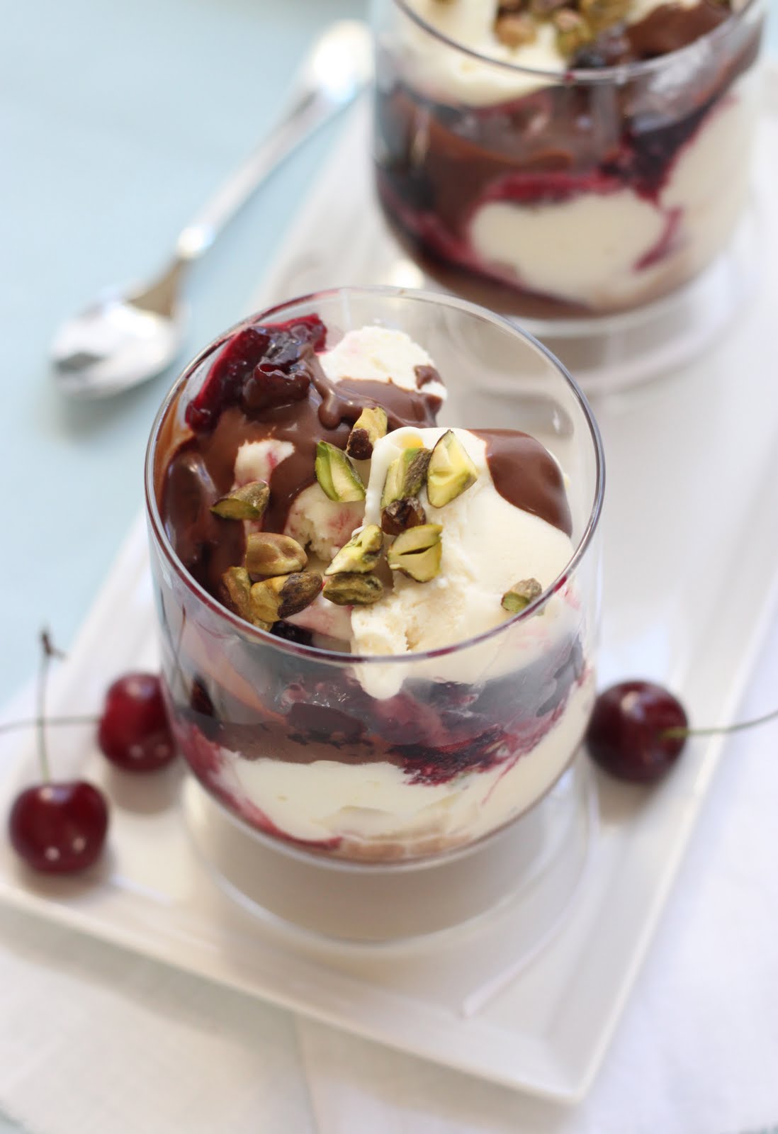 The Cilantropist Spumoni Sundaes with Hot Fudge and Amaretto Cherry Sauce