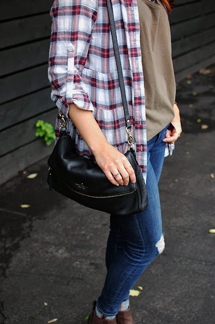 free people flannel, fall style, j brand 811 jeans, brown booties, red lips, dkny sunglasses, fall fashion, nashville street style, kate spade lillibeth
