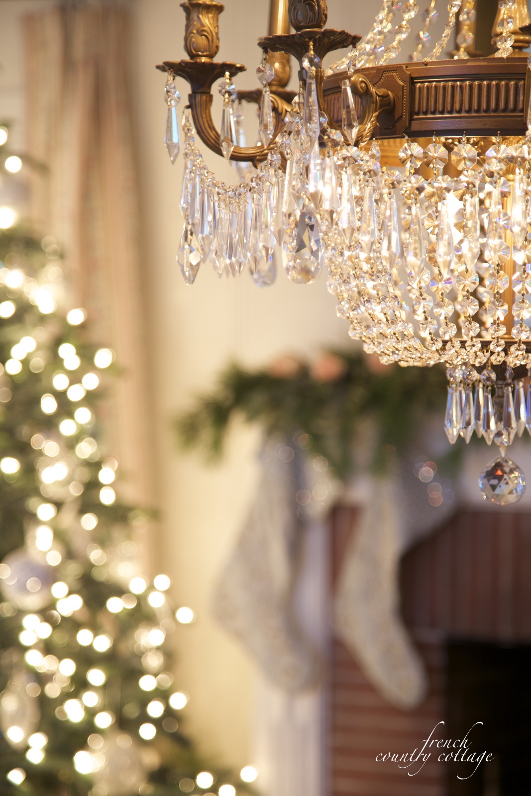 Evening view Christmas lights FRENCH COUNTRY COTTAGE