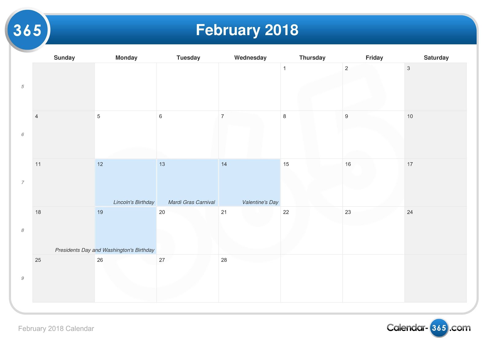 2018 monthly calendar template