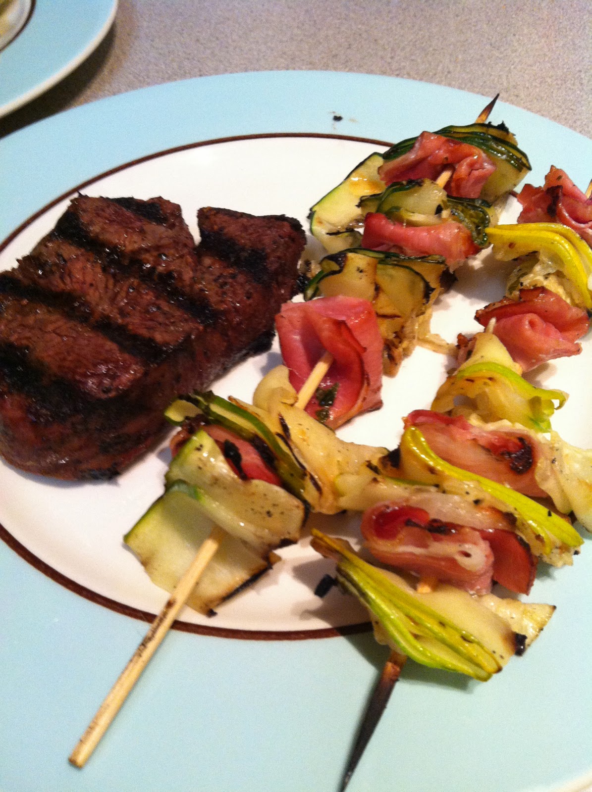 Prosciutto and Zucchini Skewers with Mint Dressing