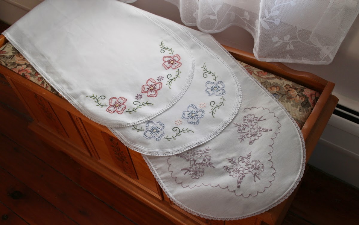 Lilacs And Springtime Hand Embroidered Dresser Scarves