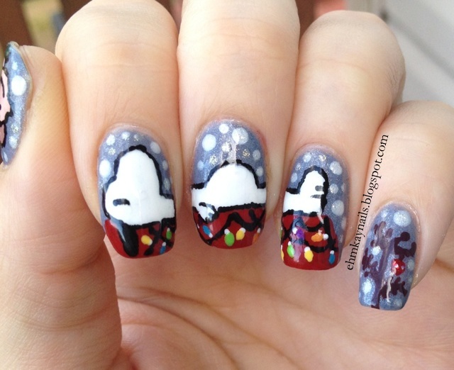 ehmkay nails Charlie Brown and Snoopy Christmas Nail Art
