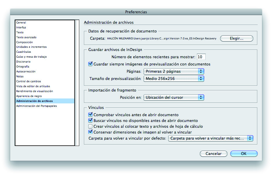 Espacio de trabajo Sincronizar tablas de Excel en Indesign