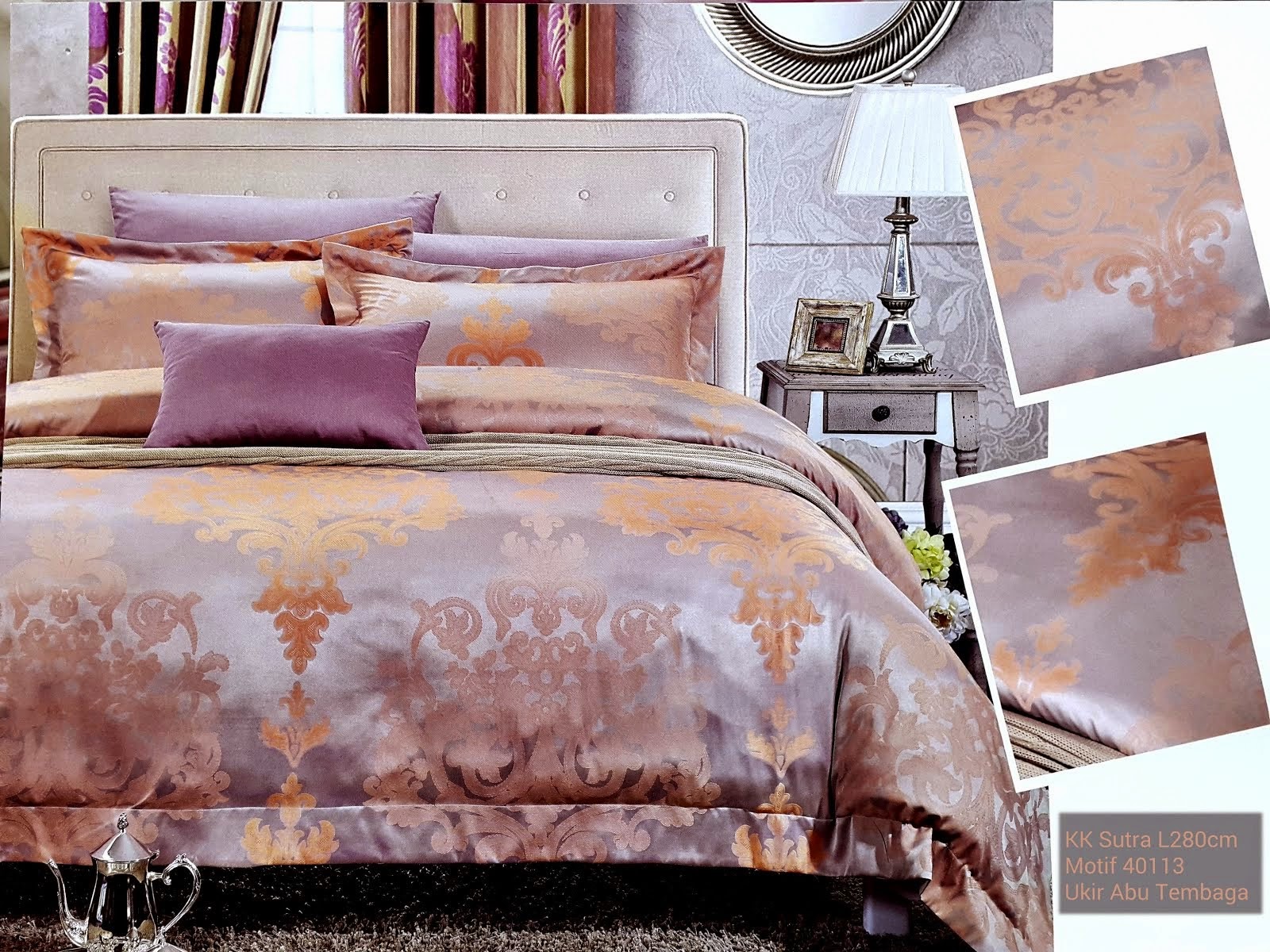 Sprei King Koil Sutra Motif Ukir Abu Tembaga Sprei on line Bed