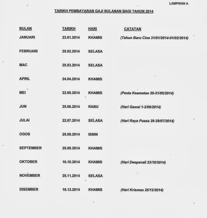 Pembayaran Gaji ni, boleh ke pautan ini.-> Jadual Pembayaran Gaji 2014