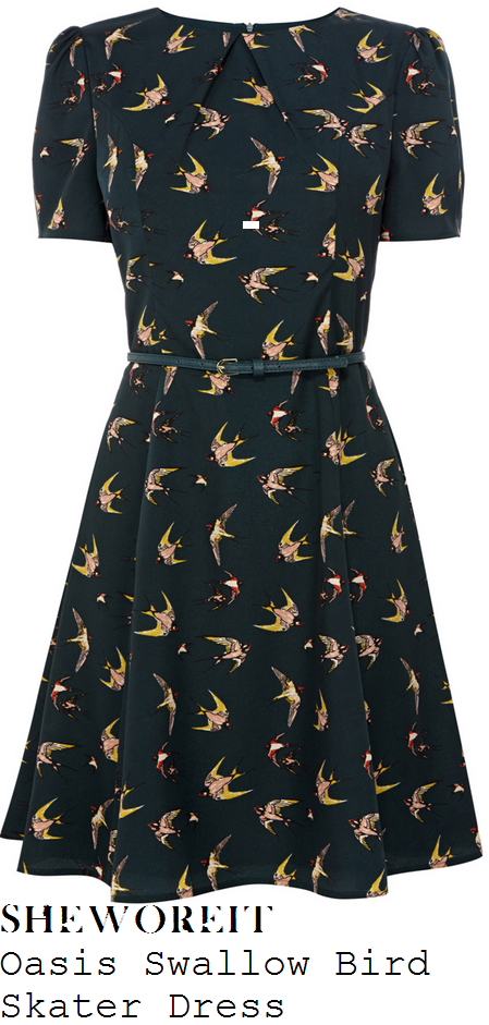 holly-willoughby-dark-green-swallow-bird-print-short-sleeve-belted-pleated-skater-dress-this-morning