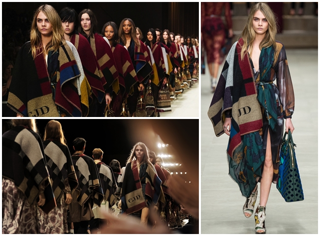 cf. Burberry Prorsum 2015 AW Navy Patchwork Fringed Cape 