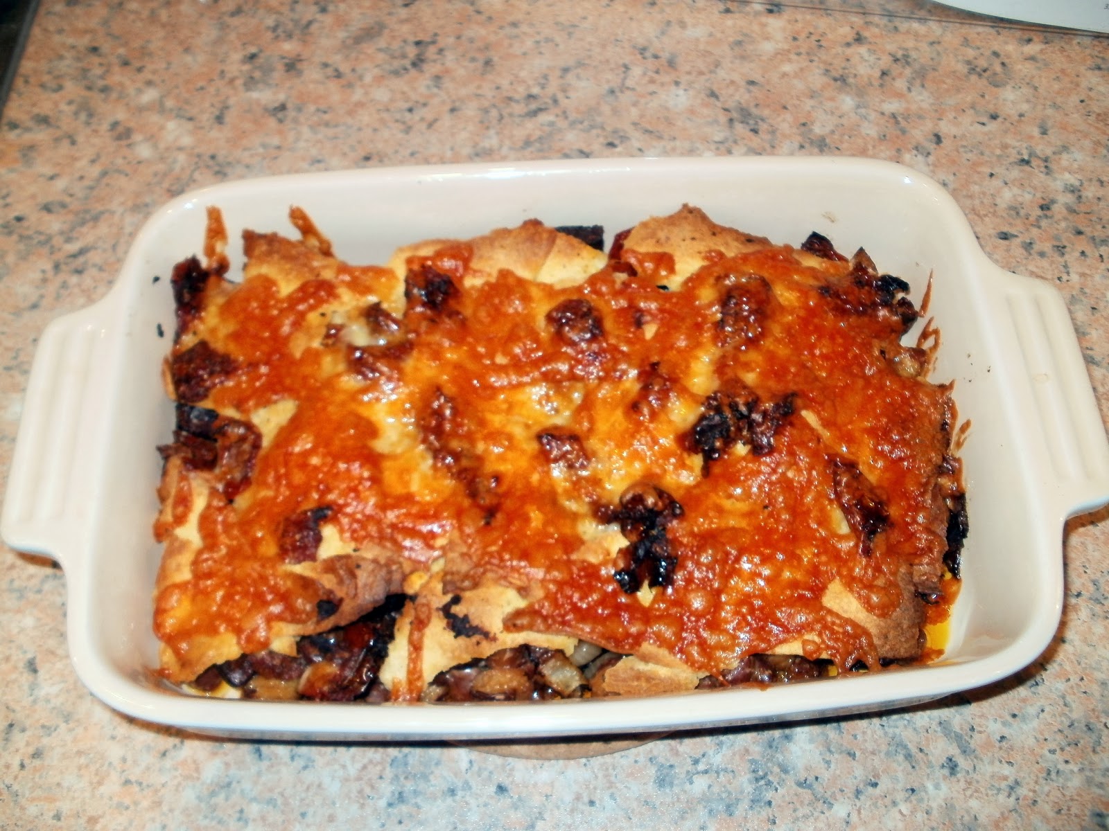 Onions and Paper Pinto Beans, Chorizo and Tortilla