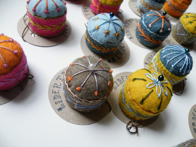 Miniature Felt embroidered pincushions hand embroidered felt pincushions made from wine screw caps, wadding and felt