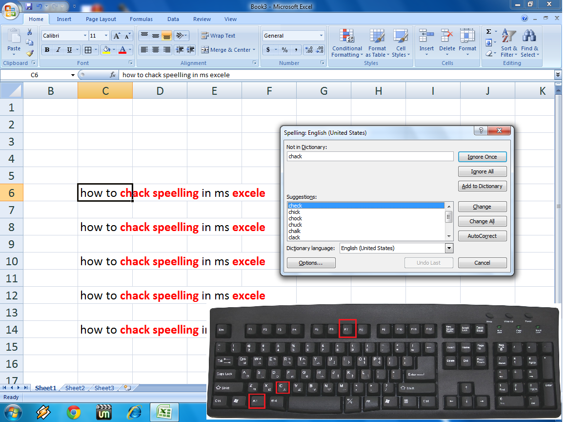 Shortcut key for Spelling Check in MS Excel,shortcut key to check spell in excel,how to correct spelling mistake in excel,excel spell checker,keyboard shortcut key,excel tricks,excel tips,how to correct spell in excel,excel 2003,excel 2007,2010,2013,Microsoft Excel (Software),Spell Checker (Software),F7,Alt+C,check spelling mistake,how to check spelling in excel,shortcut key for spell correction,spell correction,spell mistake checker,excel spreadsheet