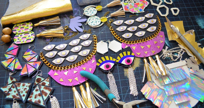 Boo and Boo Factory Jewellery made in America leather handmade geometric colourful quirky statement eye boo and boo factory, leather jewellery, geometric necklace