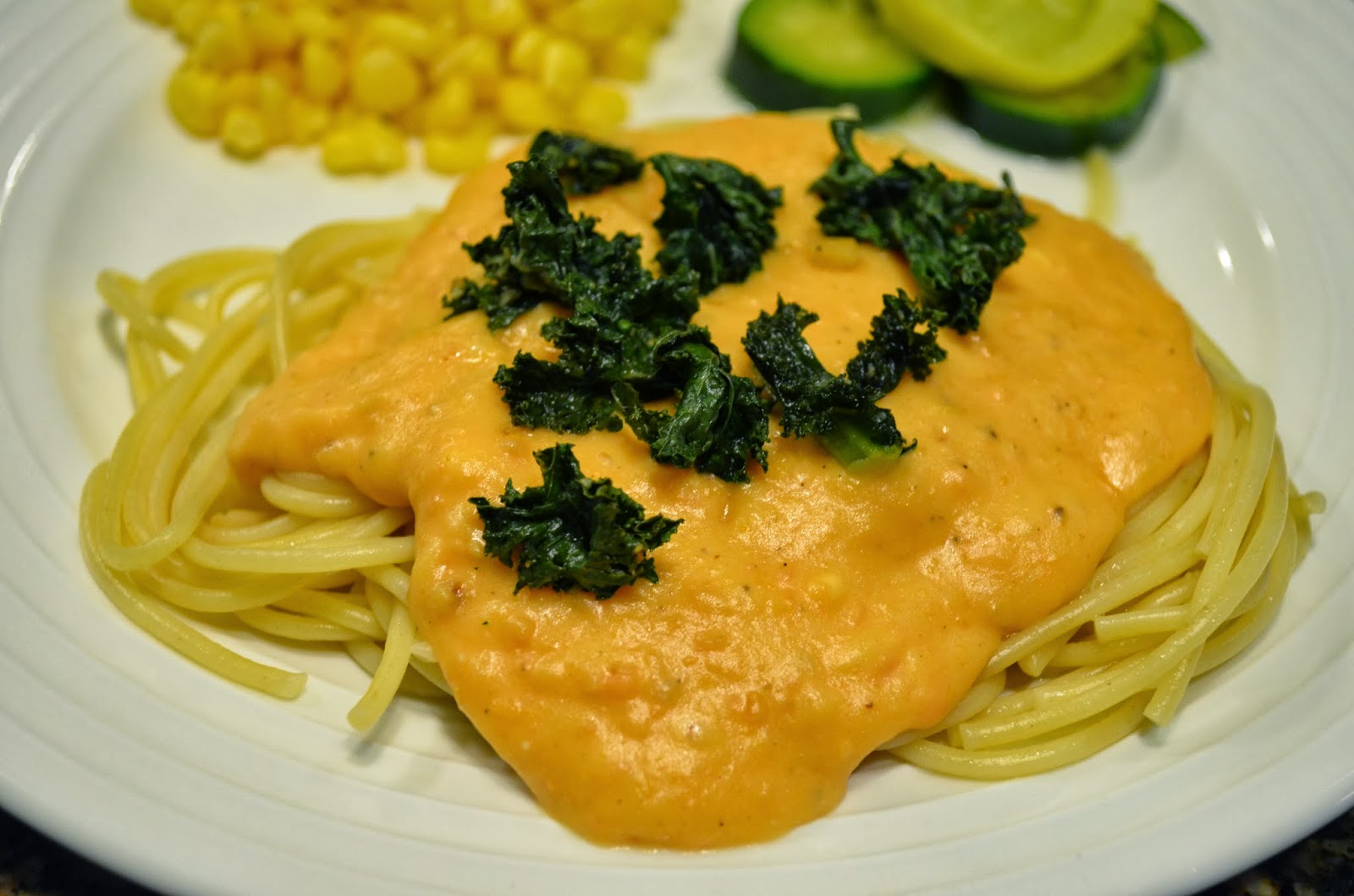 Yummy to My Tummy Pasta with Sweet Potato Cream Sauce and Roasted Kale