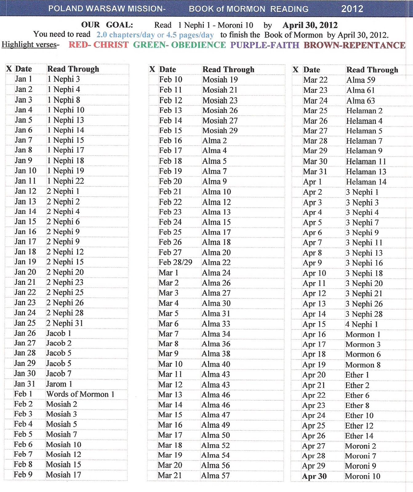 Reading Schedule